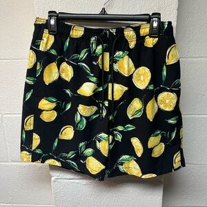 Express Black Lemon Print Mens Swim Shorts